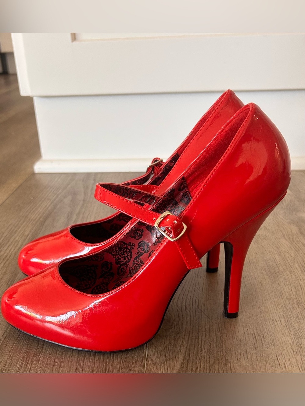Bordello Red Patent Mary Jane Heels with Ankle Strap